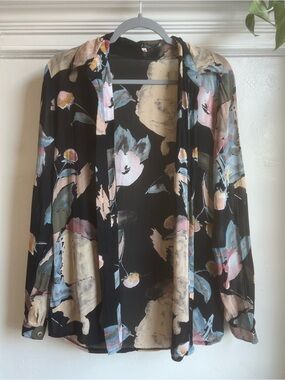 Sheer Abstract Floral Button Up Blouse Black Pink Blue Multicolor